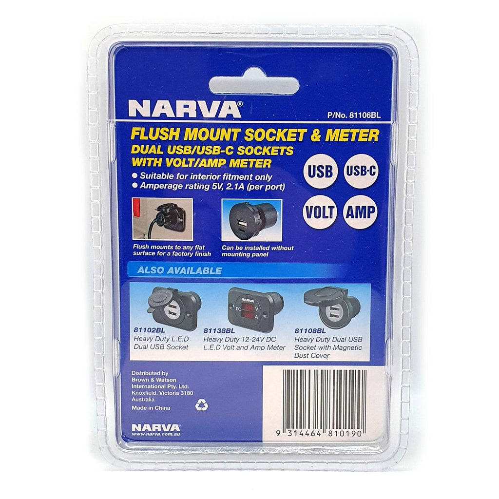 Narva USB & USB-C Flush mount Sockets with Volt & Amp Meter